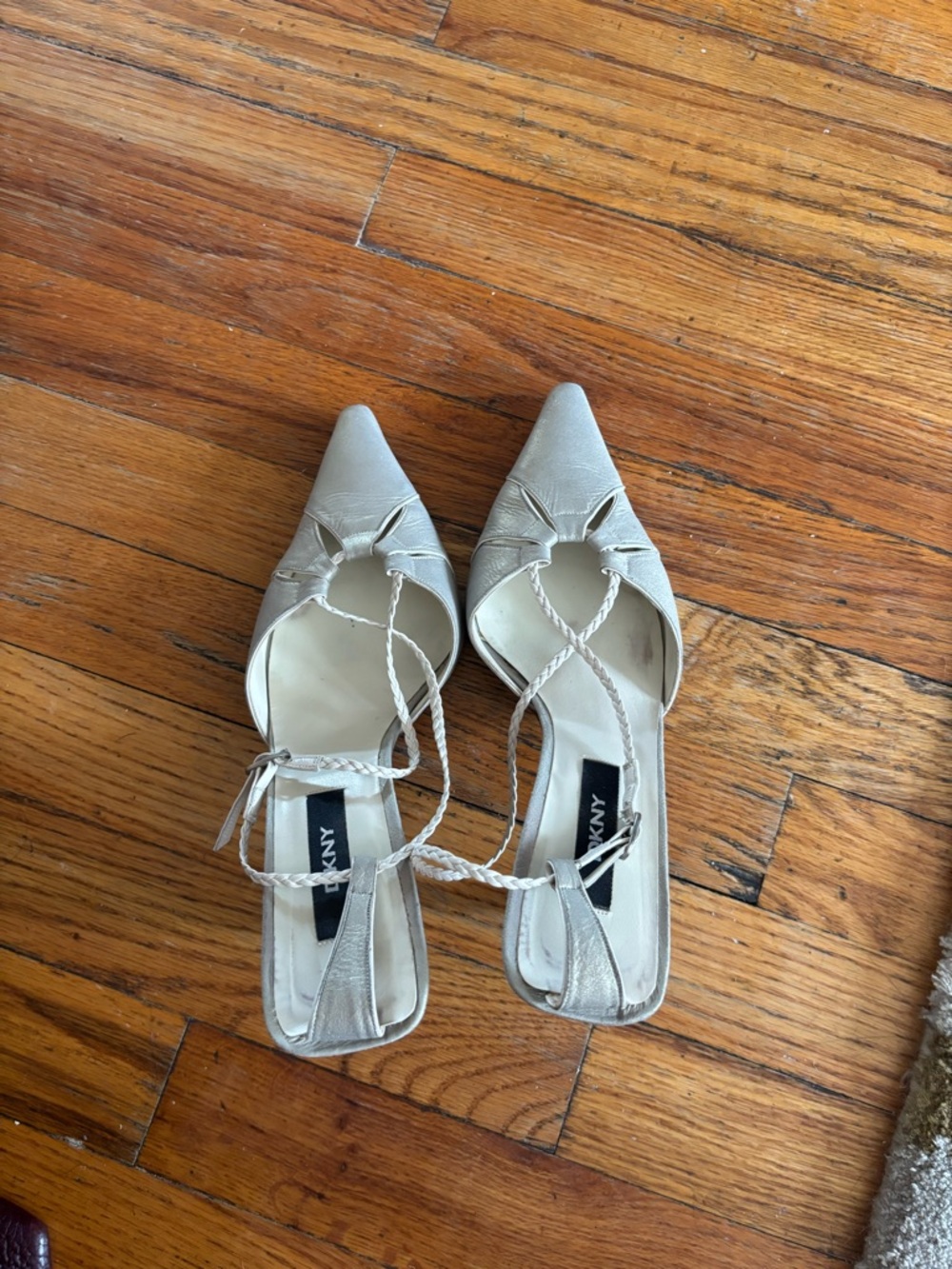 DKNY Silver Braided Ankle-Strap Pointed-Toe Flats